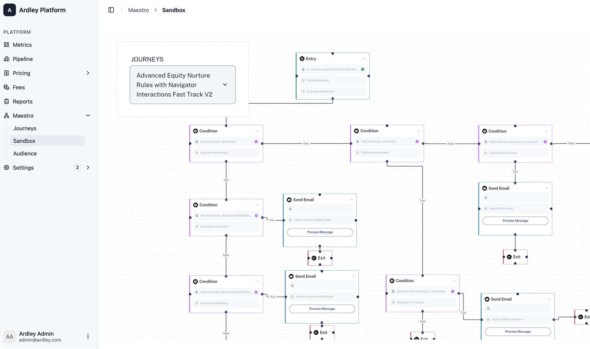 The Ardley Maestro journey builder showing a rules-based workflow with conditions and exits