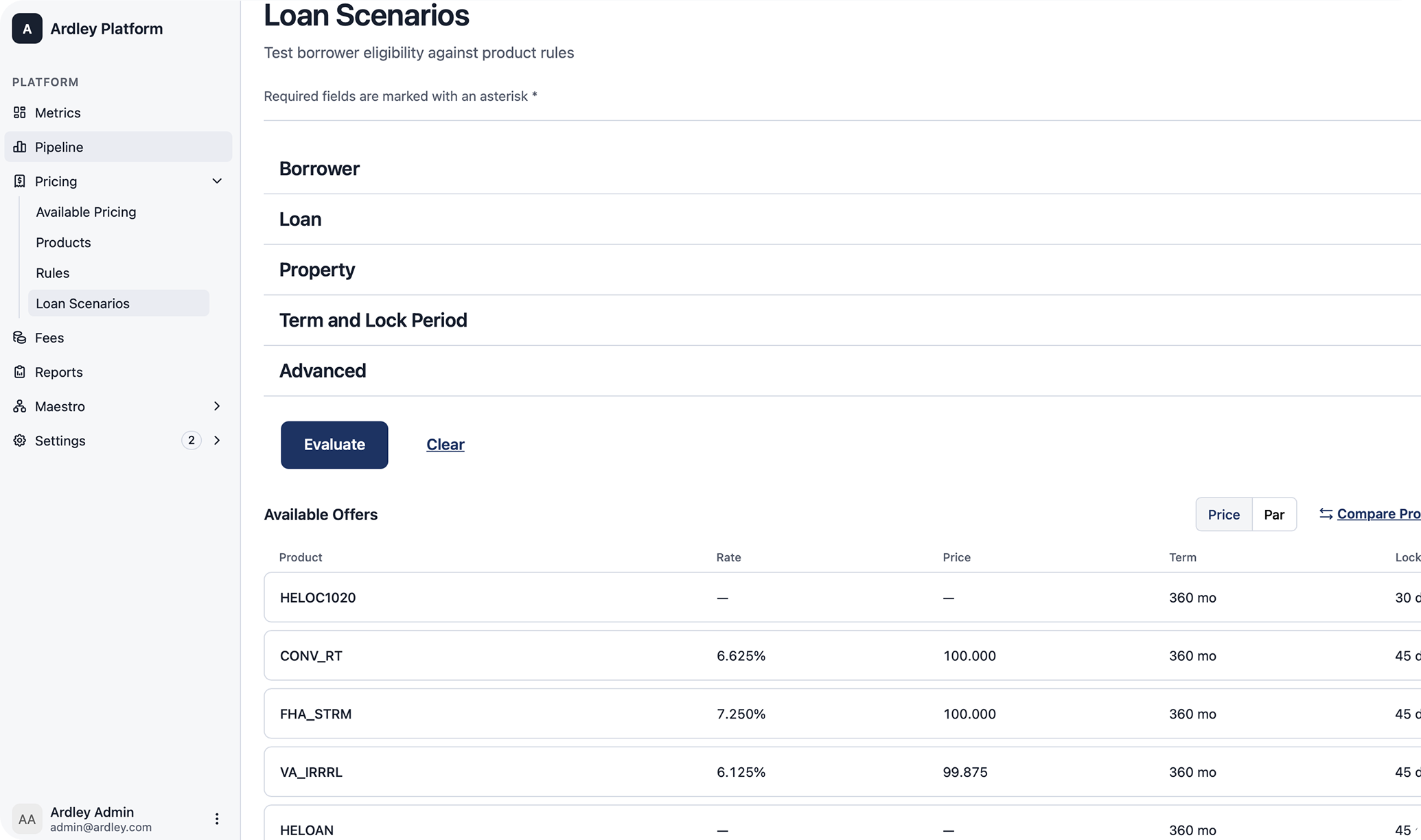 The Ardley loan scenarios screen testing borrower eligibility against product rules