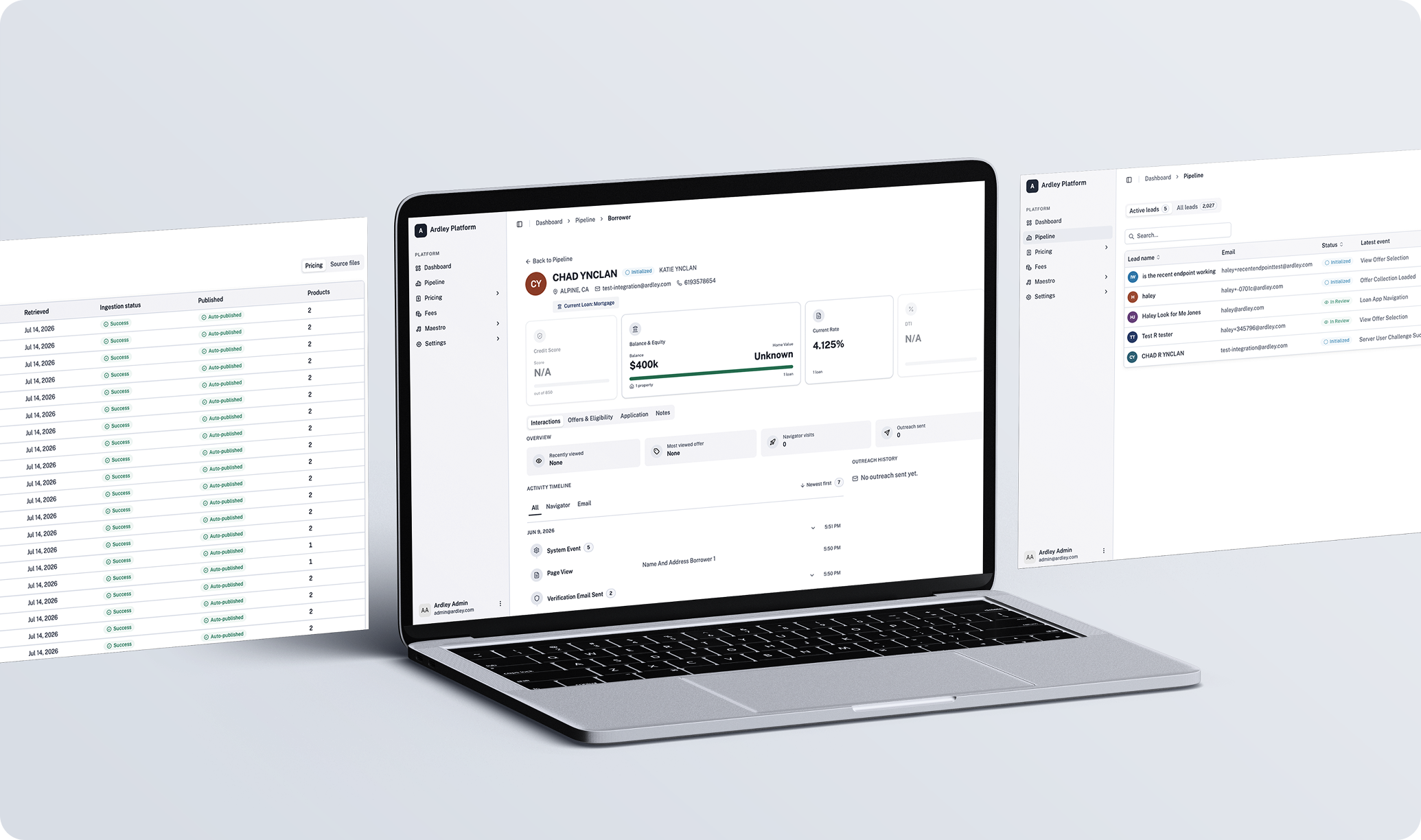 The Ardley platform shown on a laptop alongside borrower pipeline and pricing screens
