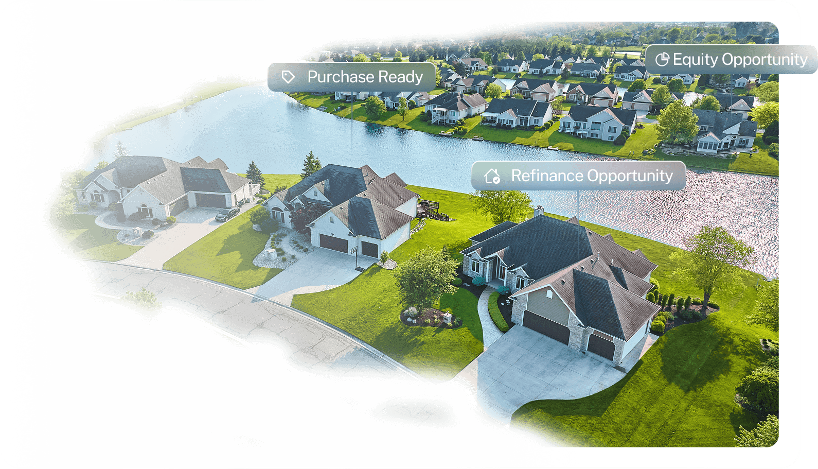 Aerial view of a residential neighborhood with purchase-ready, equity opportunity, and refinance opportunity callouts highlighting mortgage servicing portfolio insights